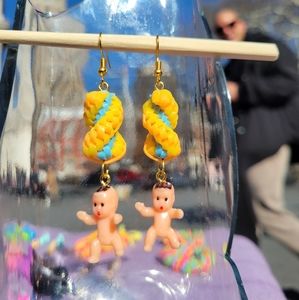 Yellow Orange Blue w Mini Baby Charms - Handmade Lanyard / Scoobidou Earrings